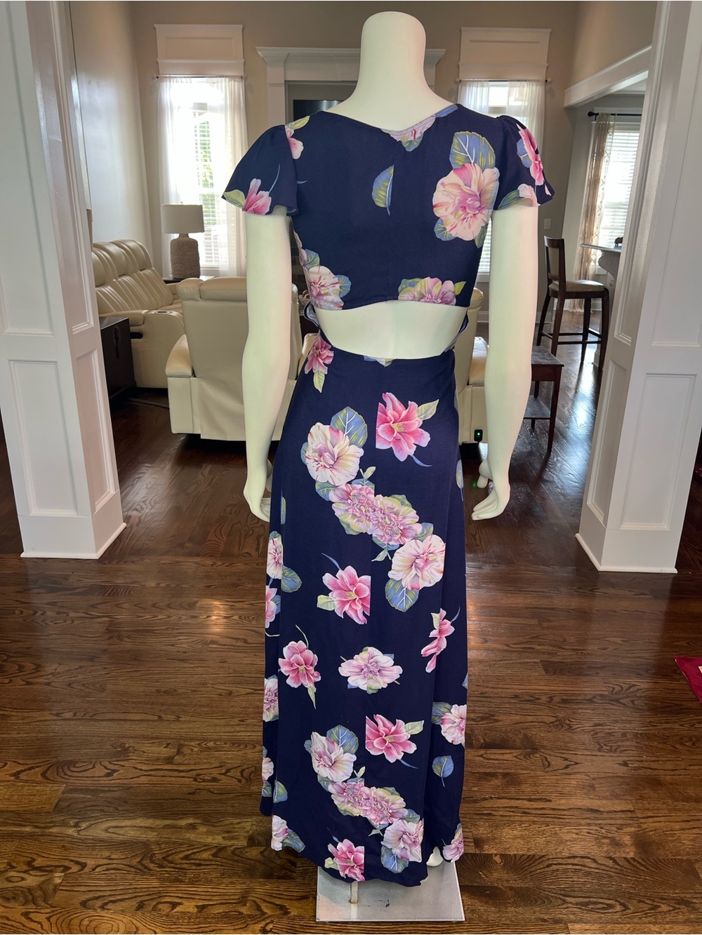 Reformation Navy Floral Tie-Front Maxi Dress with Pink Blooms - Picture 5 of 15